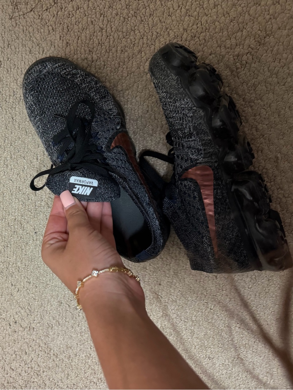 Nike Flyknit VaporMax Sneakers in Gray with Pink Swoosh - Picture 2 of 3